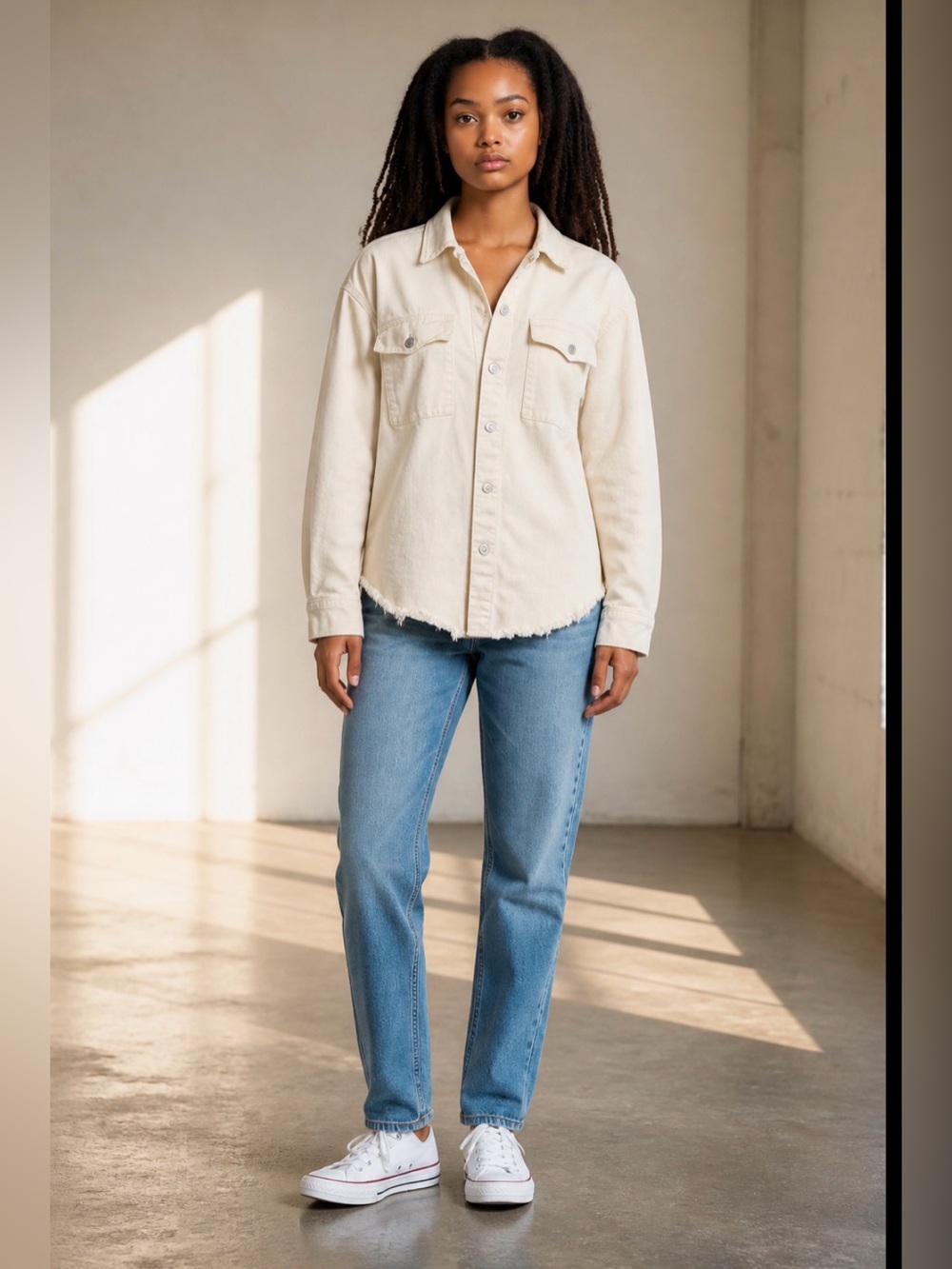 Celebrity Pink  Women's Small Frayed Hem Denim Shacket‎ Button Pockets Utility